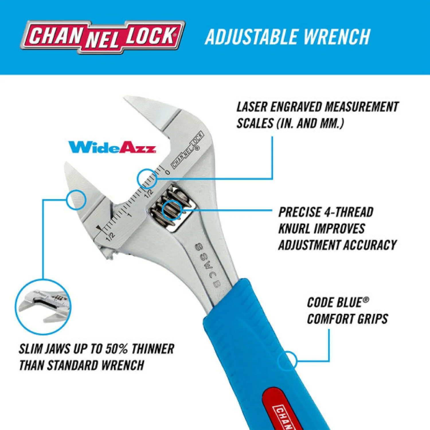 Channellock 8SWCB 8-Inch Code Blue Wideazz Slim Jaw Adjustable Wrench - Image 5