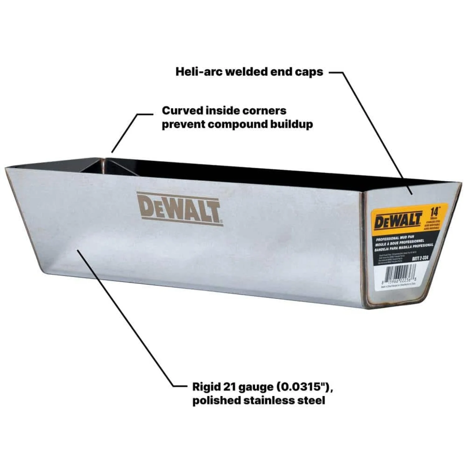 Dewalt DXTT-2-334 14 in. Stainless Steel Mud Pan with Curved Bottom - Image 2