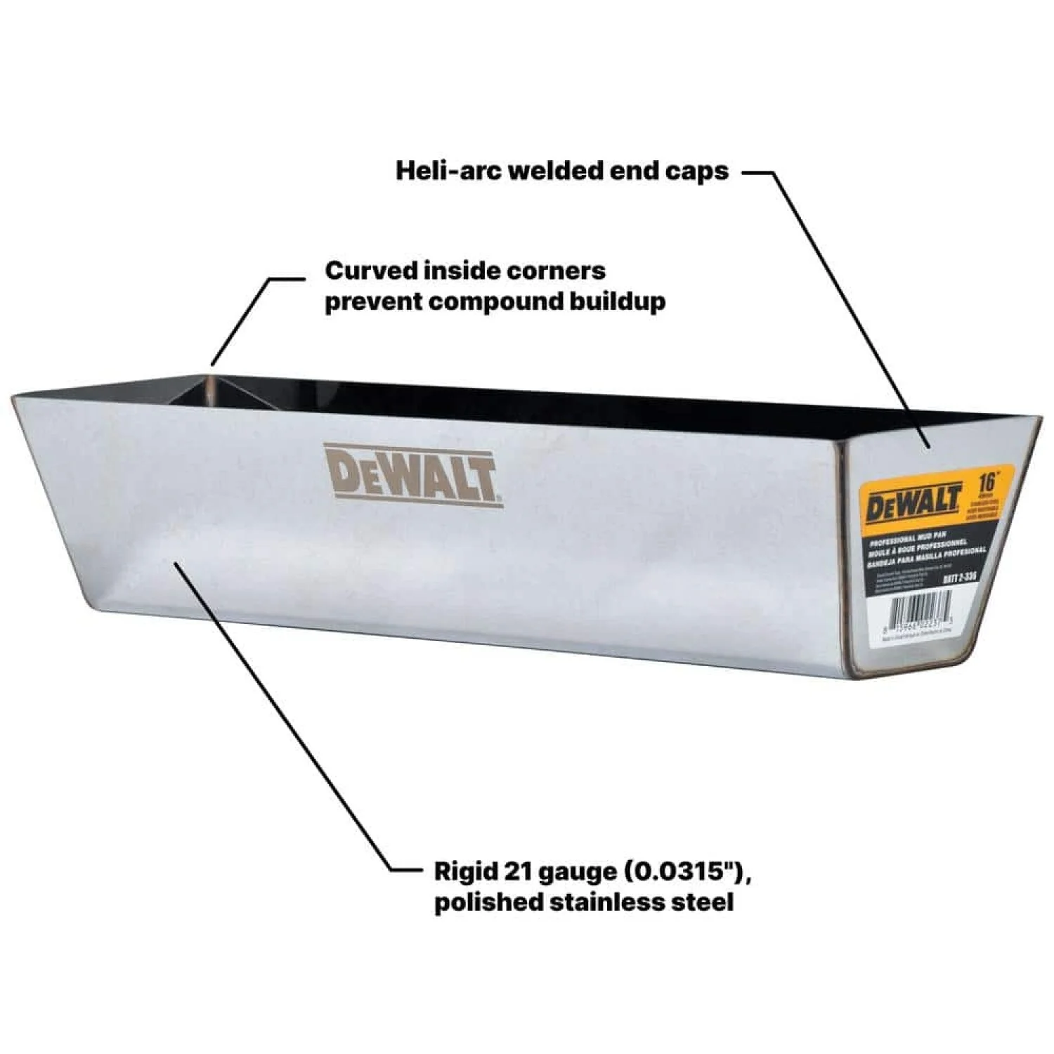 Dewalt DXTT-2-336 16 in. Stainless Steel Mud Pan with Curved Bottom - Image 2