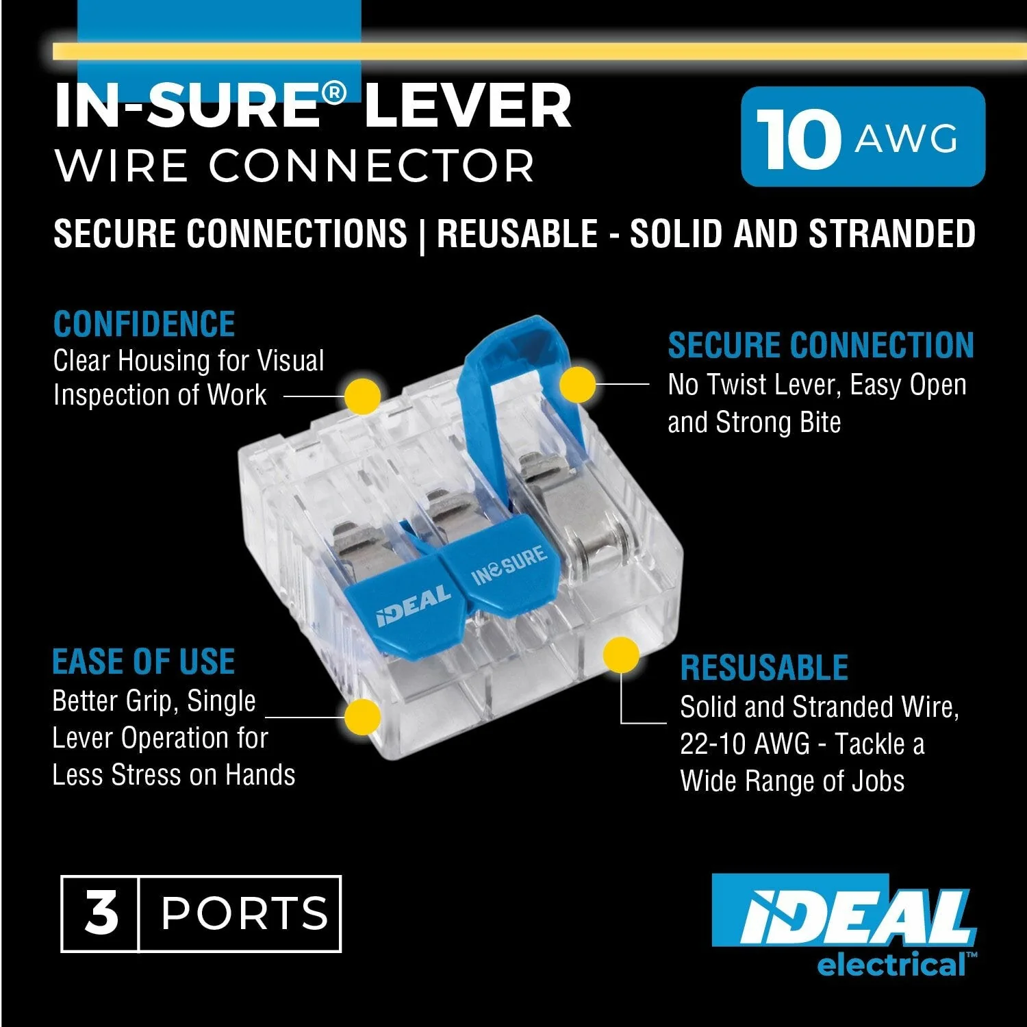 Ideal 30-10L33 In-Sure Lever Wire Connector, 10 AWG, 3-Port, 75 Box - Image 3
