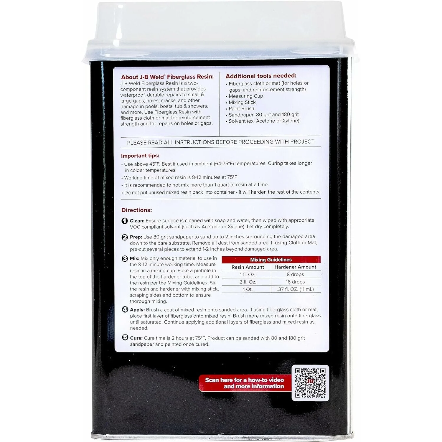 J-B Weld 40122 Fiberglass Resin, 1 Quart - Image 2