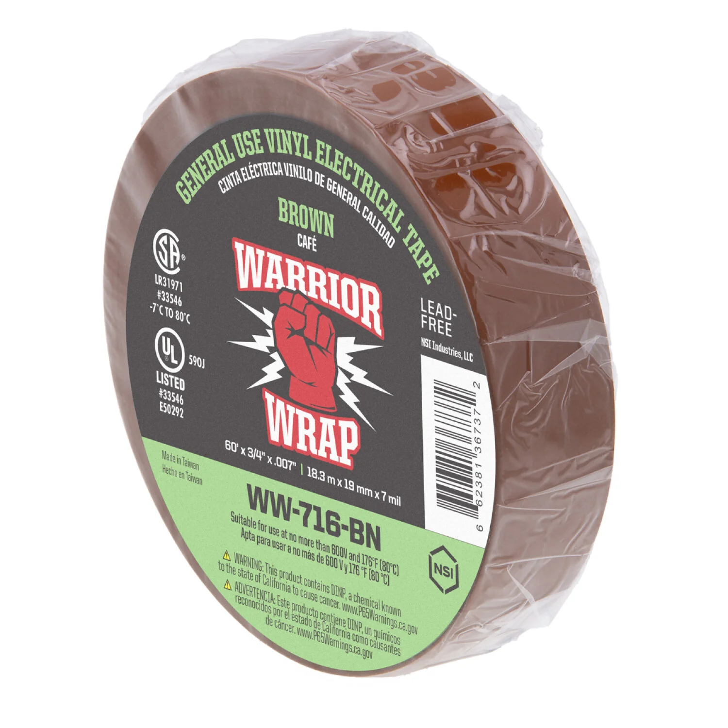 NSI WW-716-BN General Use Brown Vinyl Electrical Tape, 7mil, 60ft Long - Image 4